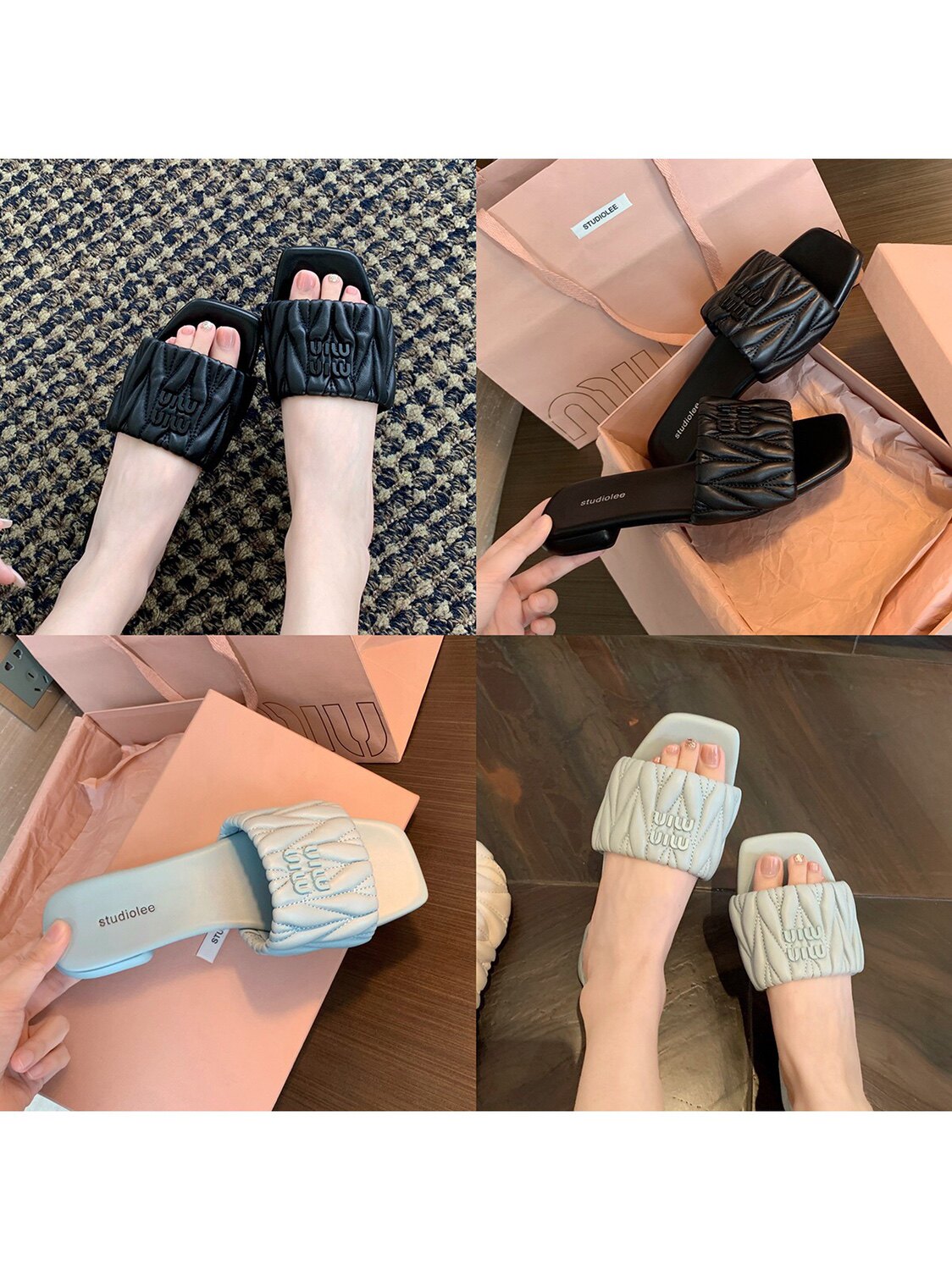 阿miu家羊皮褶皱方头一字凉拖女夏新款时尚字母平底外穿休闲拖鞋