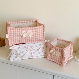 韩系ins粉色格子绗缝收纳筐高颜值客厅零食杂物整理篮床头储物篮