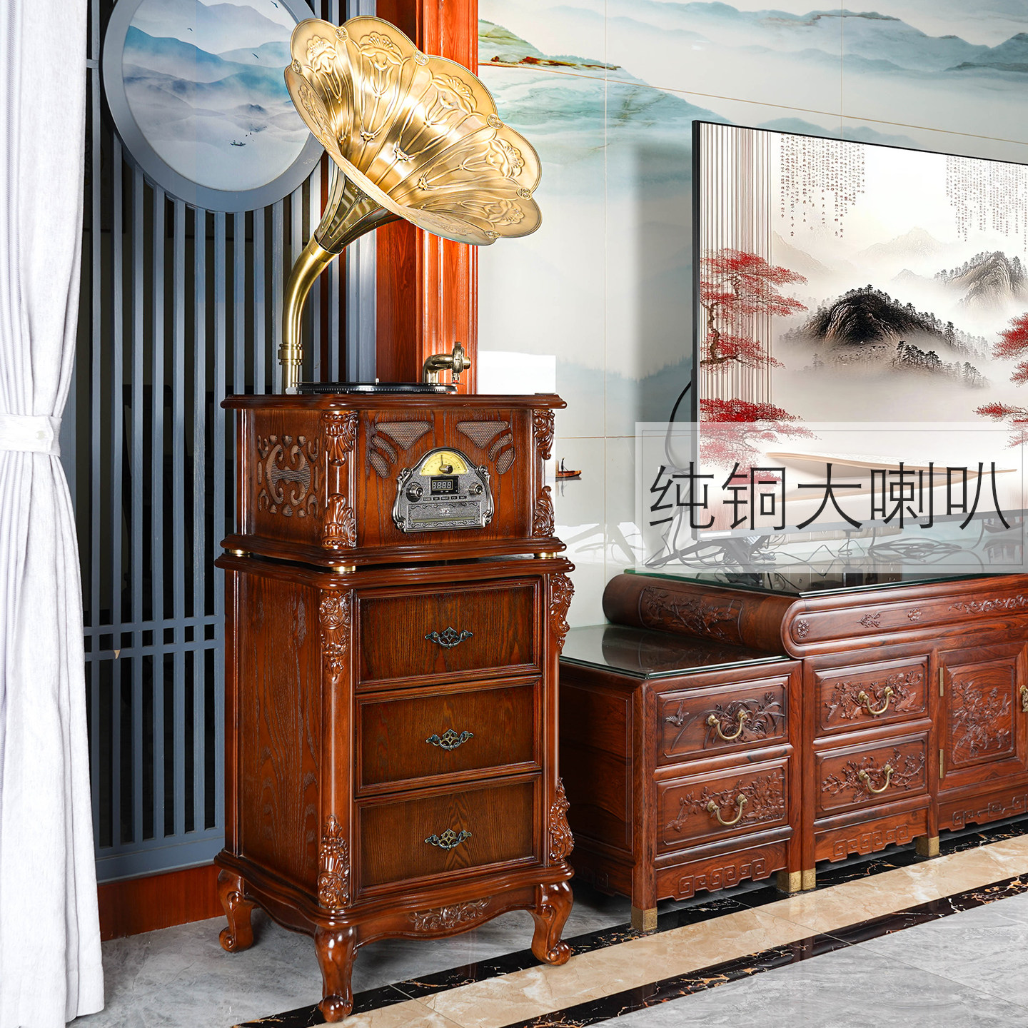 今墨留声机复古客厅美式欧式中式黑胶唱片机老式仿古卡拉OK留音机