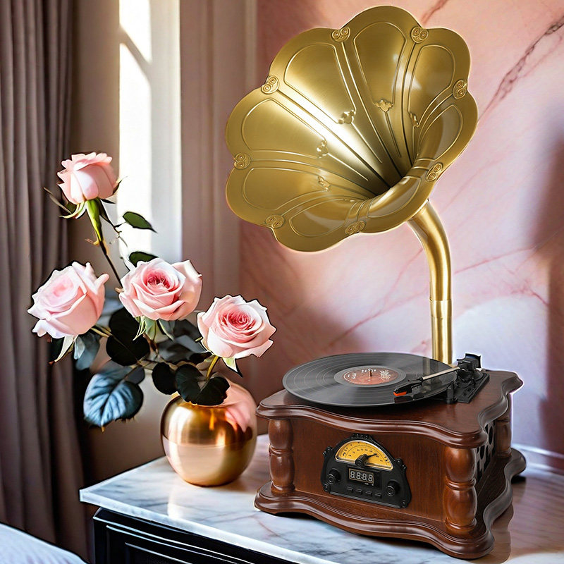 深棕色复古留声机迷你小黑胶唱片机蓝牙老式仿古流声机留音机S5