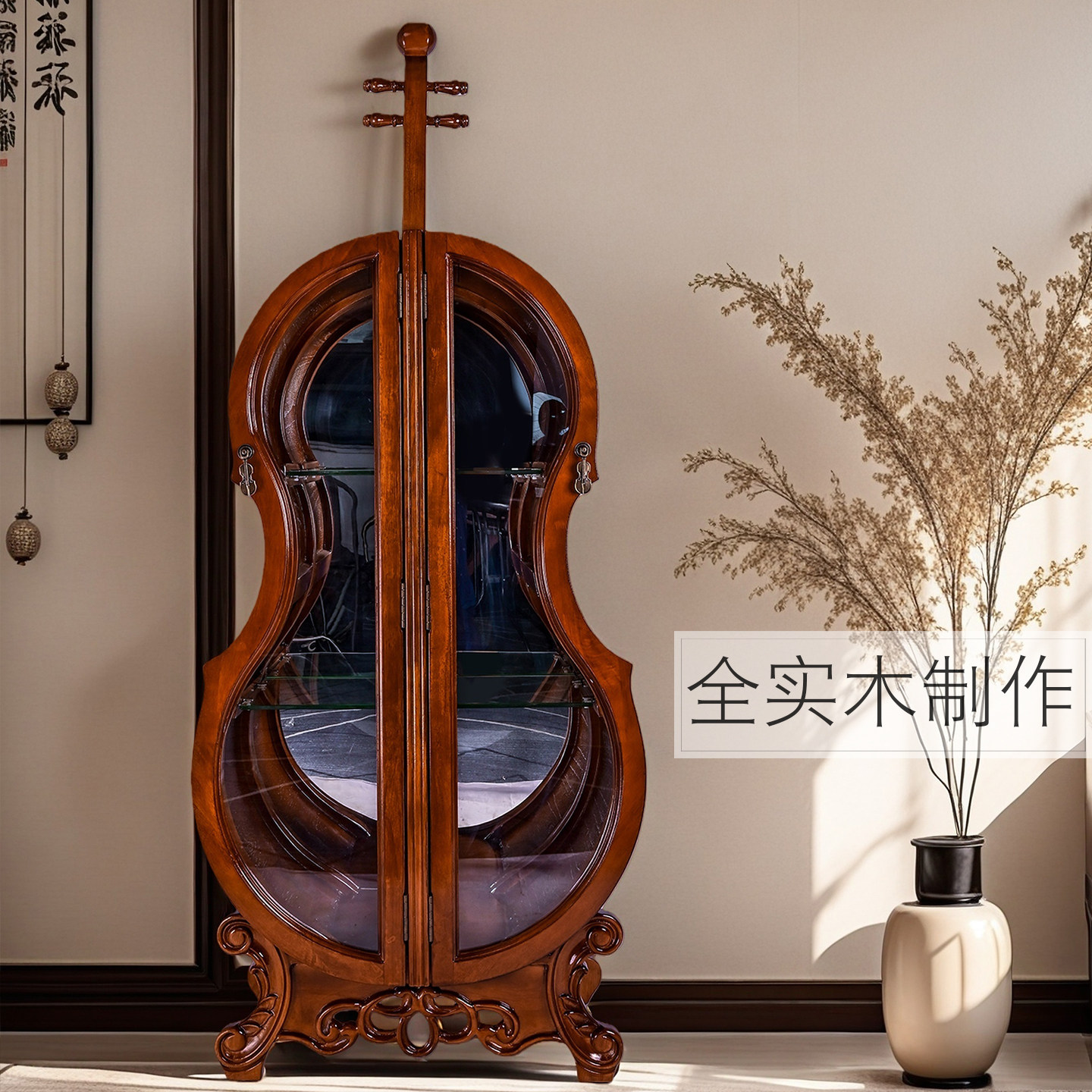 小提琴酒柜实木美式雕花玻璃双门客厅展示柜家用欧式轻奢摆件T2