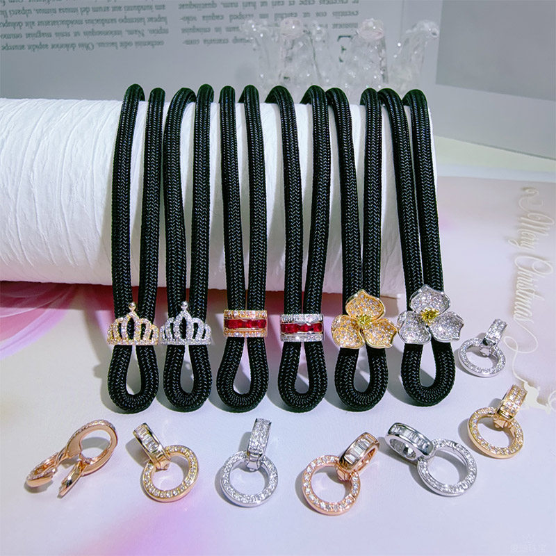 高货绳18k黄金镶嵌满钻石红宝翡翠吊坠挂绳可拆卸尾帽金扣套链绳