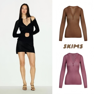 正品skims卡戴珊同款亨利V领罗纹纽扣罩衫长袖薄款针织上衣女