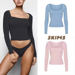 正品skims卡戴珊同款上衣方领长袖纯棉弹力修身显瘦长袖T恤打底衫
