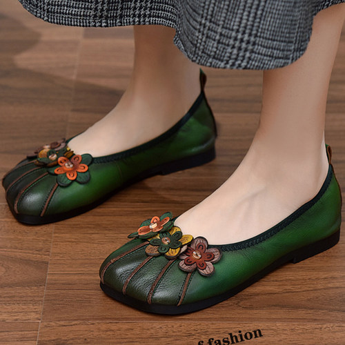 手工花朵鞋子民族风复古女士皮鞋