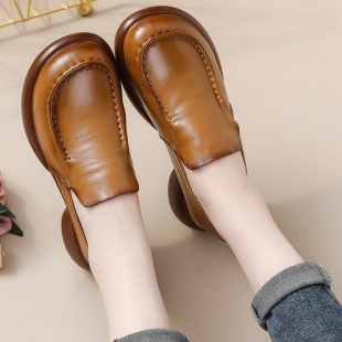 女鞋 头层牛皮复古英伦风小皮鞋 百搭真皮单鞋 春秋款 粗跟厚底乐福鞋