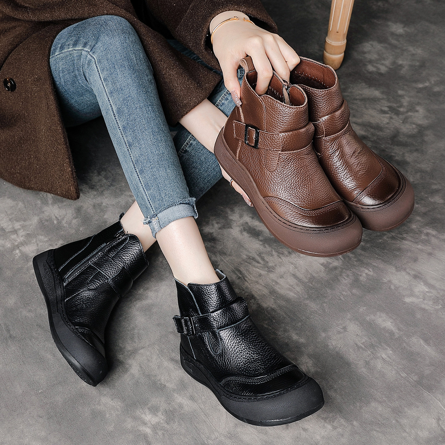 头层牛皮复古厚底羊毛短靴女冬季新款保暖妈妈鞋真皮靴子防滑棉靴,女鞋,时装靴,淘宝优惠券,粉丝福利购,淘宝优惠卷