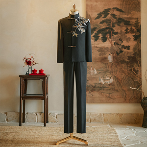 新郎结婚中山装秀禾服2025新款新中式男士喜服接亲黑色套装唐装夏