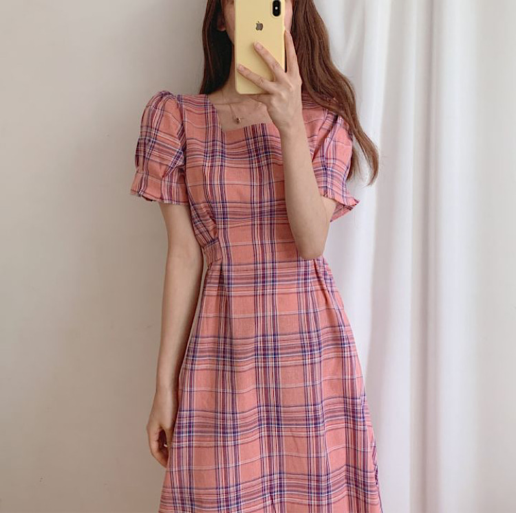 Guima girl square collar Plaid sweet dress