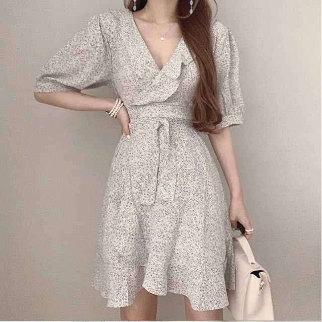 Korean chic Chiffon short sleeve lace up dress with ruffles