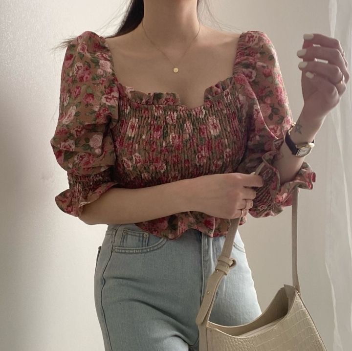 Chic retro flower elastic bubble sleeve top