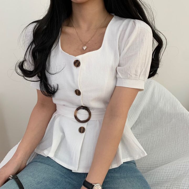 Guima girl's simple bubble sleeve belt short sleeve top