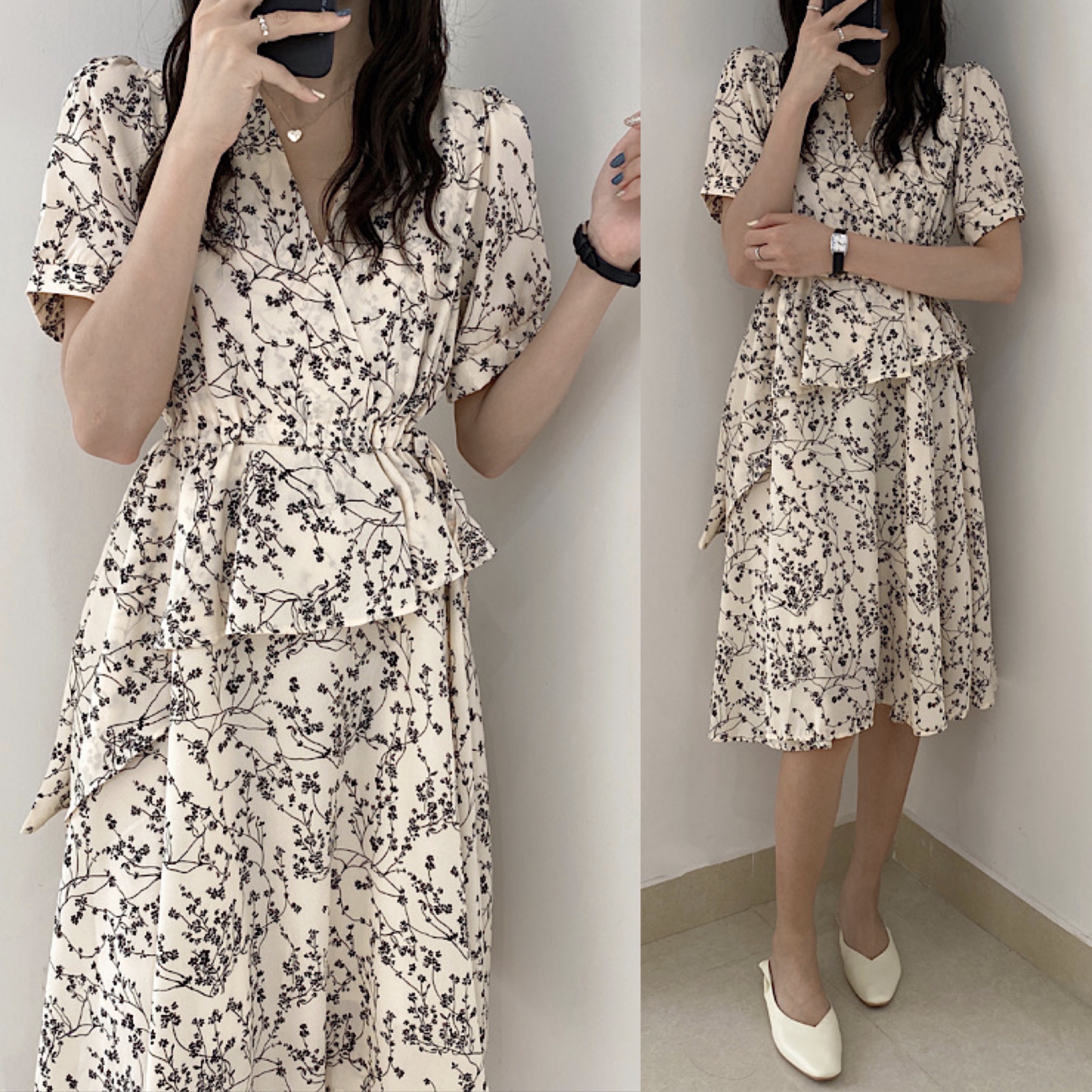 Real floral V-neck short sleeve irregular Chiffon Dress