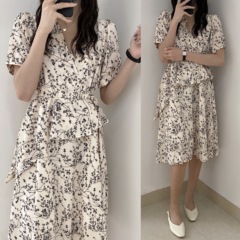 Real floral V-neck short sleeve irregular Chiffon Dress