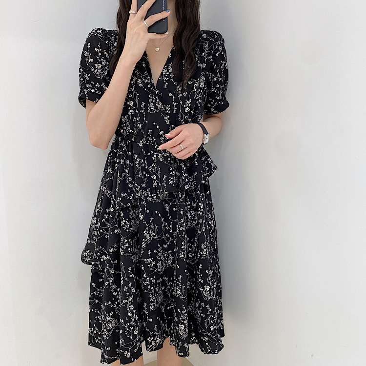 Real shot ghost horse girl irregular skirt Floral Chiffon Dress