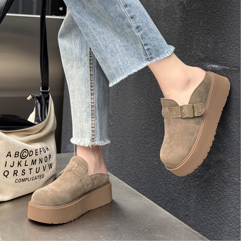 恋典真皮包头加绒拖鞋女2024冬季新款厚底轻便显脚小舒适勃肯棉鞋