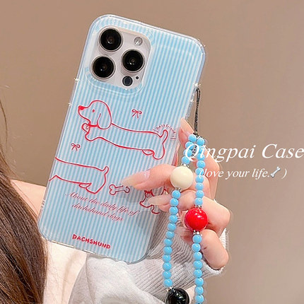 轻派ins风蓝色条纹线条腊肠狗带链条适用苹果16promax手机壳iphone13新款15pro女款14个性卡通双层壳全包硬壳