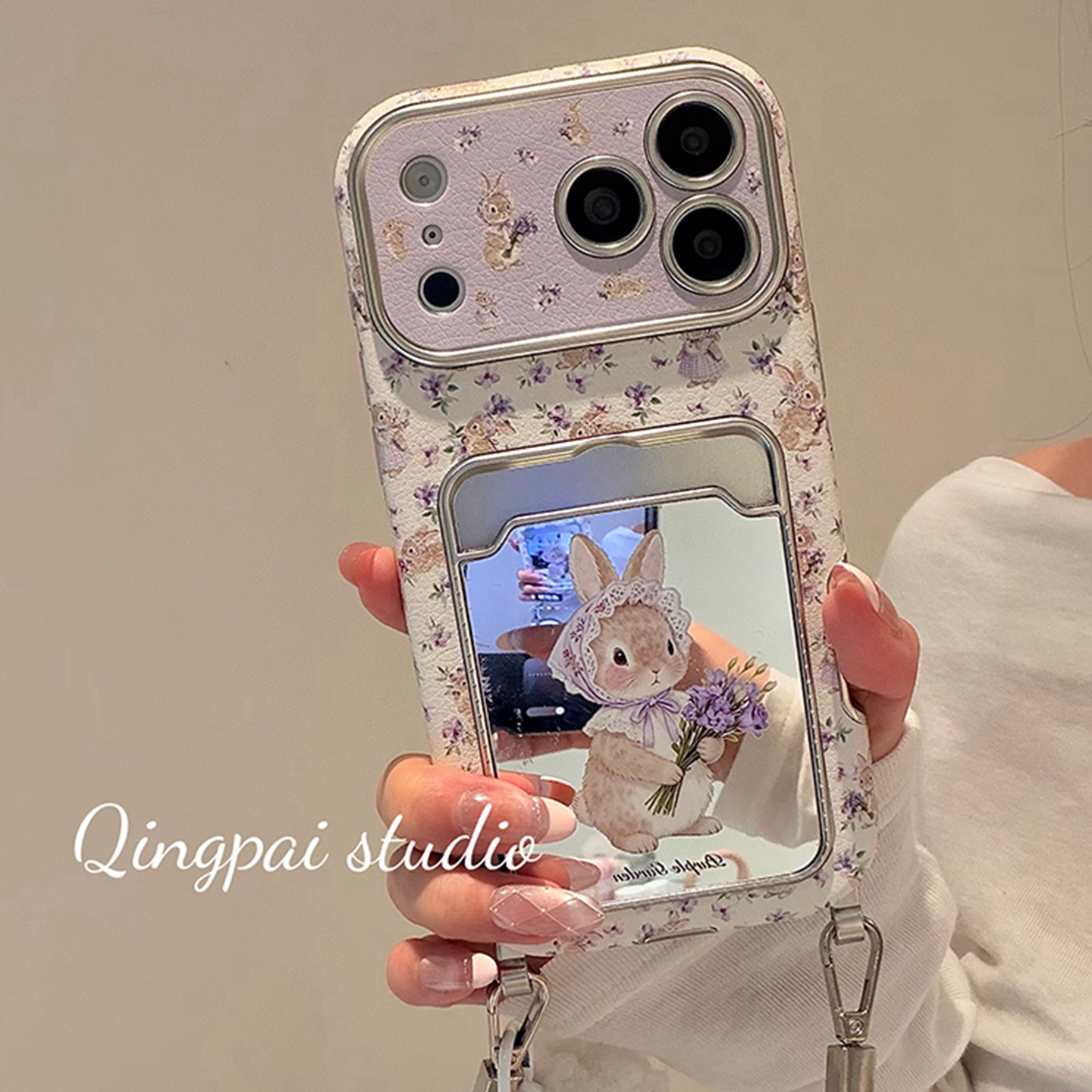 轻派ins紫色碎花兔子镜面卡包挂绳适用苹果17promax手机壳iphone16pro新款15女款14韩系少女13大视窗全包硬壳