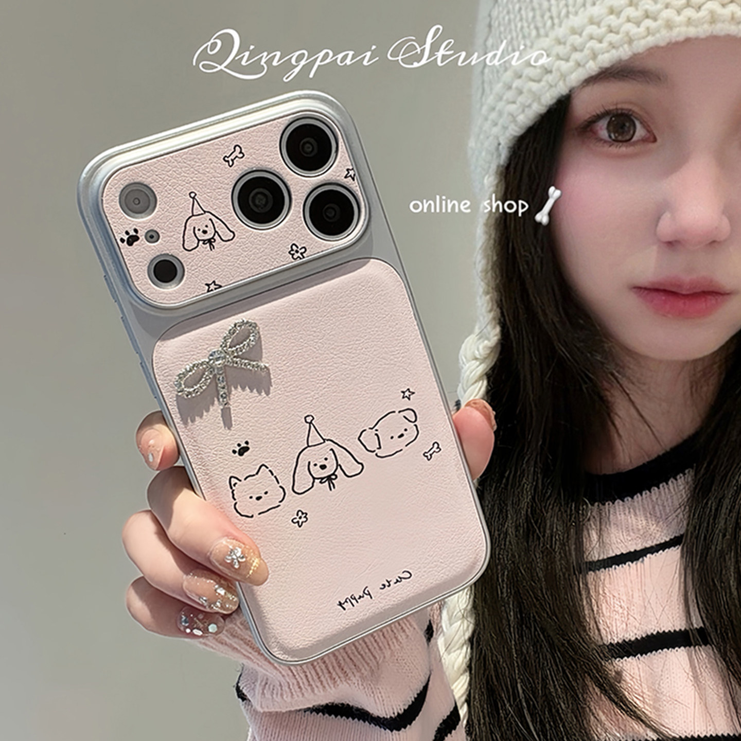 轻派ins线条小狗立体蝴蝶结适用苹果17promax手机壳iphone16pro新款15女款14银色边框13韩系粉色少女全包硬壳
