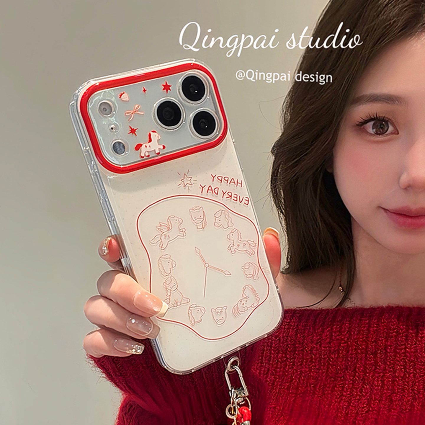 轻派新年红色时钟小马带挂绳适用苹果17promax手机壳iphone16pro新款15女款14日韩卡通创意13双层壳全包硬壳,3C数码配件,手机保护套/壳,淘宝优惠券,粉丝福利购,淘宝优惠卷