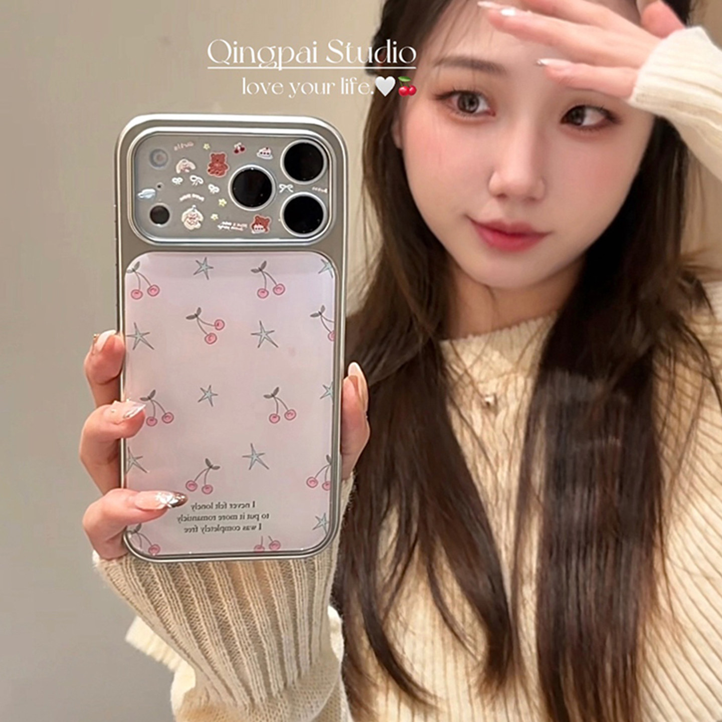 轻派ins韩系粉色涂鸦樱桃适用苹果17promax手机壳iphone16pro新款15女款14银色边框13小众少女心甜妹全包硬壳,3C数码配件,手机保护套/壳,淘宝优惠券,粉丝福利购,淘宝优惠卷