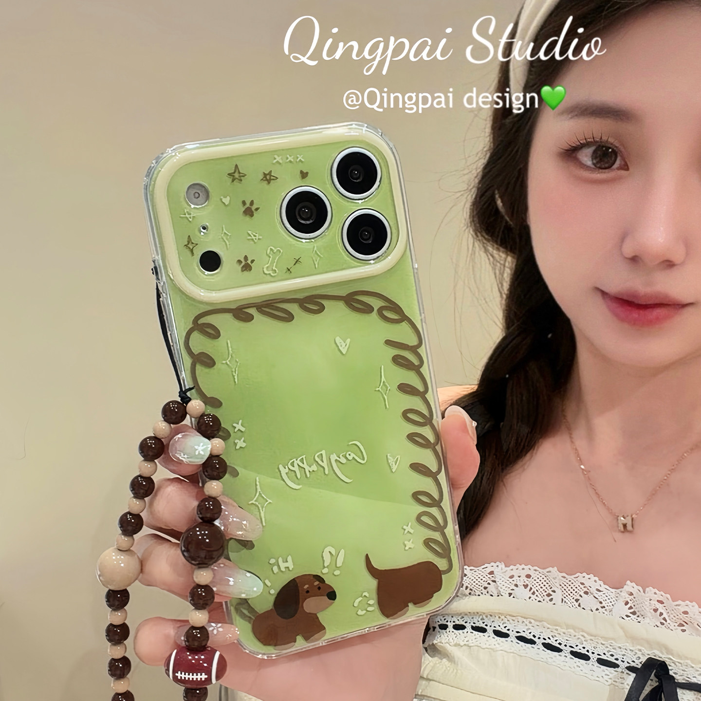 轻派夏日ins清新抹茶绿弹簧腊肠狗适用苹果17promax手机壳iphone16pro新款15女款14趣味卡通13带链条全包硬壳