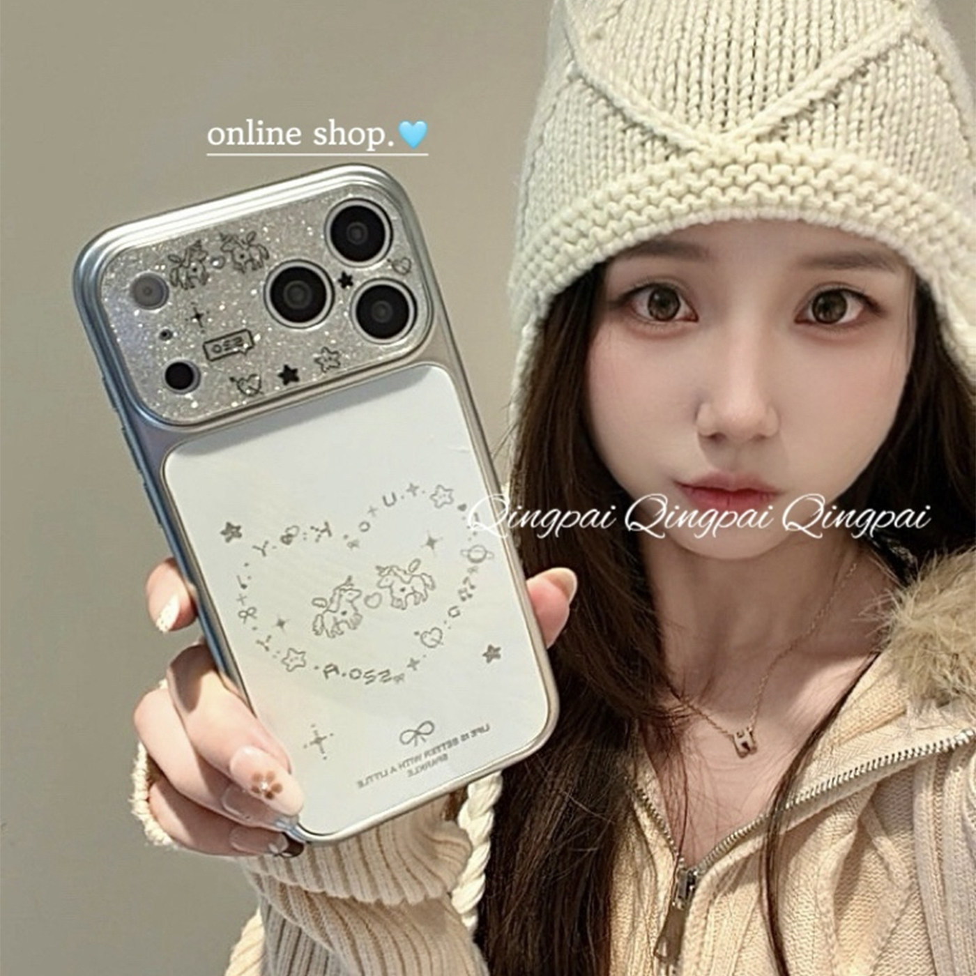 轻派ins闪粉白色爱心木马适用苹果17promax手机壳iphone16pro新款15女款14银色边框13韩系小众高颜值全包硬壳,3C数码配件,手机保护套/壳,淘宝优惠券,粉丝福利购,淘宝优惠卷