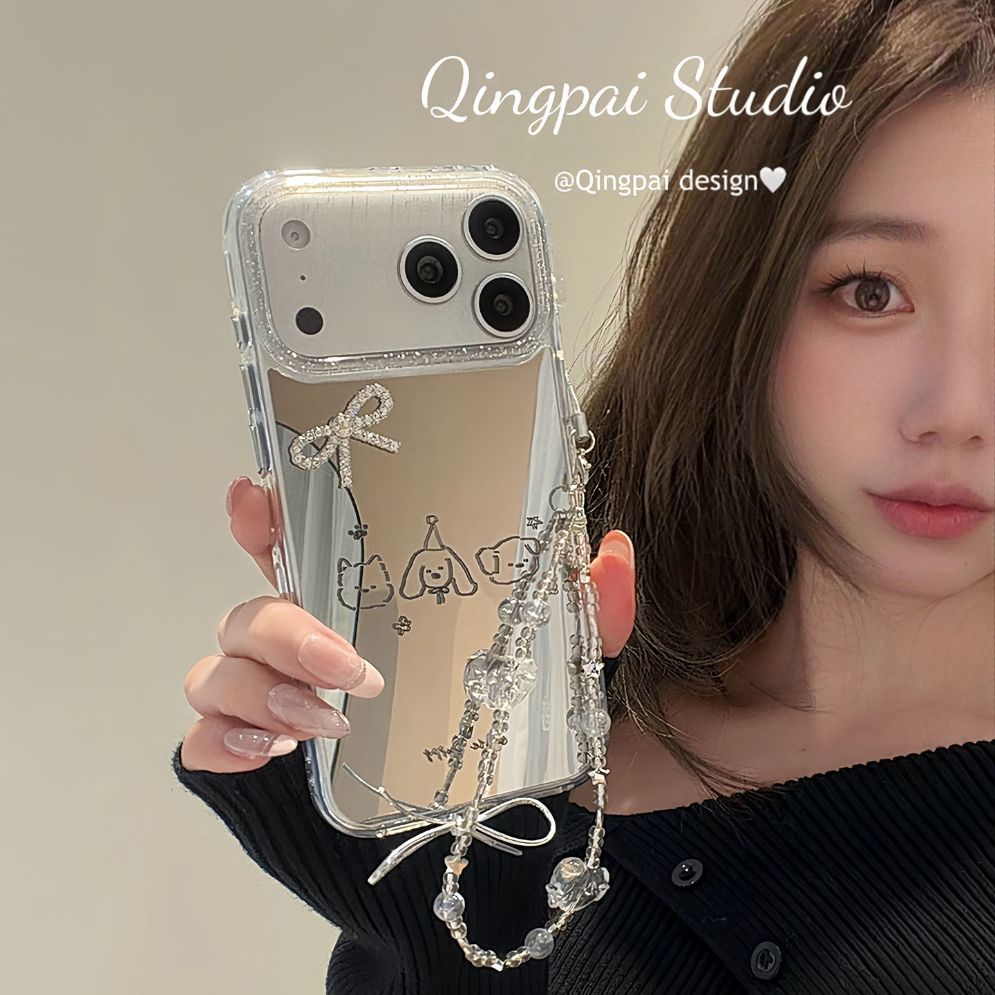 轻派镜面小狗头像立体蝴蝶结带链条适用苹果17promax手机壳iphone16pro新款15女款日韩创意补妆镜子全包硬壳