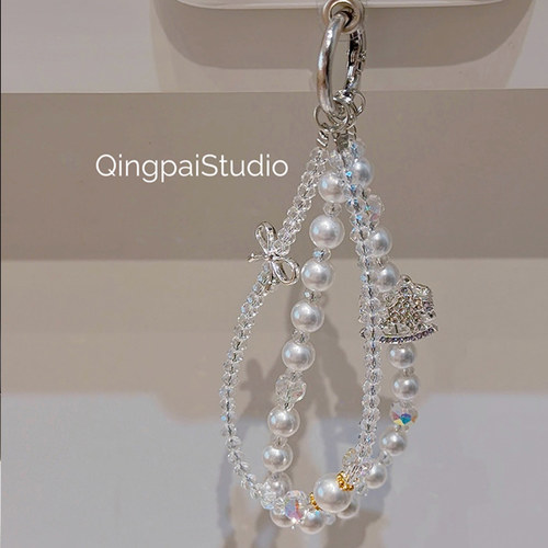 适用手机包包ins珍珠蝴蝶结链条