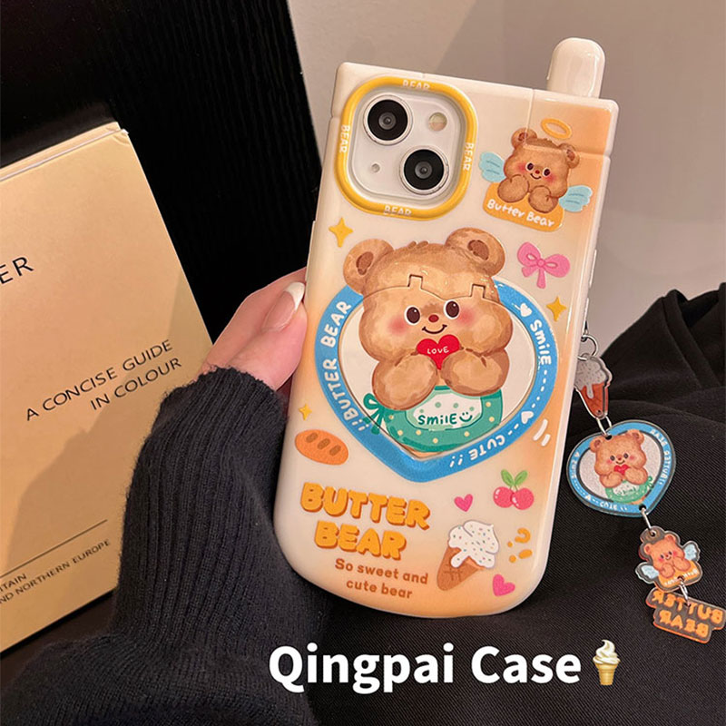 适用苹果手机壳黄油小熊翻盖镜子