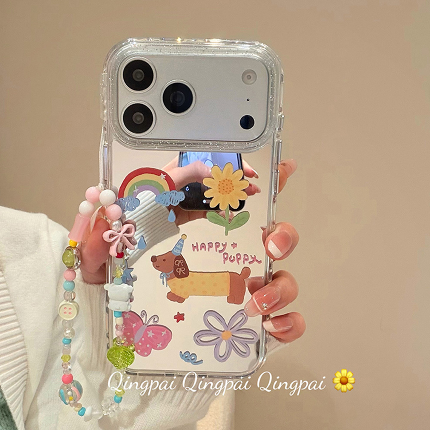 轻派镜面花朵蝴蝶小狗带链条适用苹果17promax手机壳iphone16pro新款15promax女款17日韩风春天15pro全包硬壳