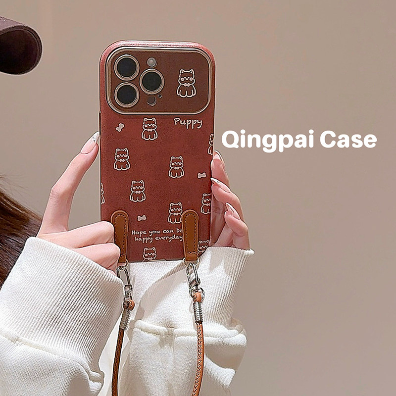 适用苹果手机壳秋冬皮质棕色小狗