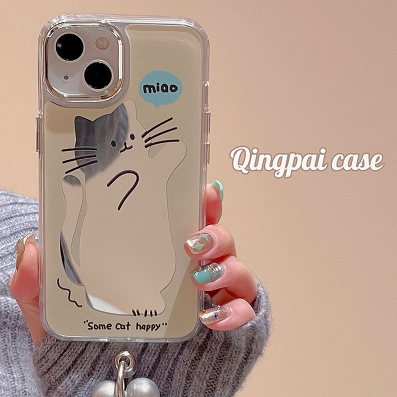 适用苹果手机壳猫咪镜子链条