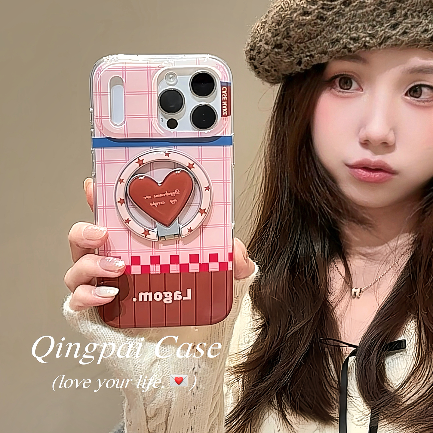 适用苹果手机壳ins韩系爱心支架