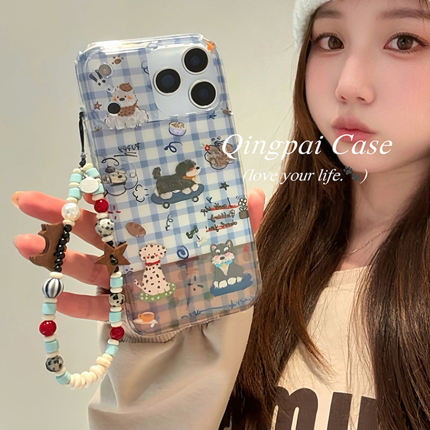 轻派卡通蓝棕拼接格纹小狗带链条适用苹果17promax手机壳iphone16pro新款15女款14个性日韩13双层壳全包硬壳,3C数码配件,手机保护套/壳,淘宝优惠券,粉丝福利购,淘宝优惠卷