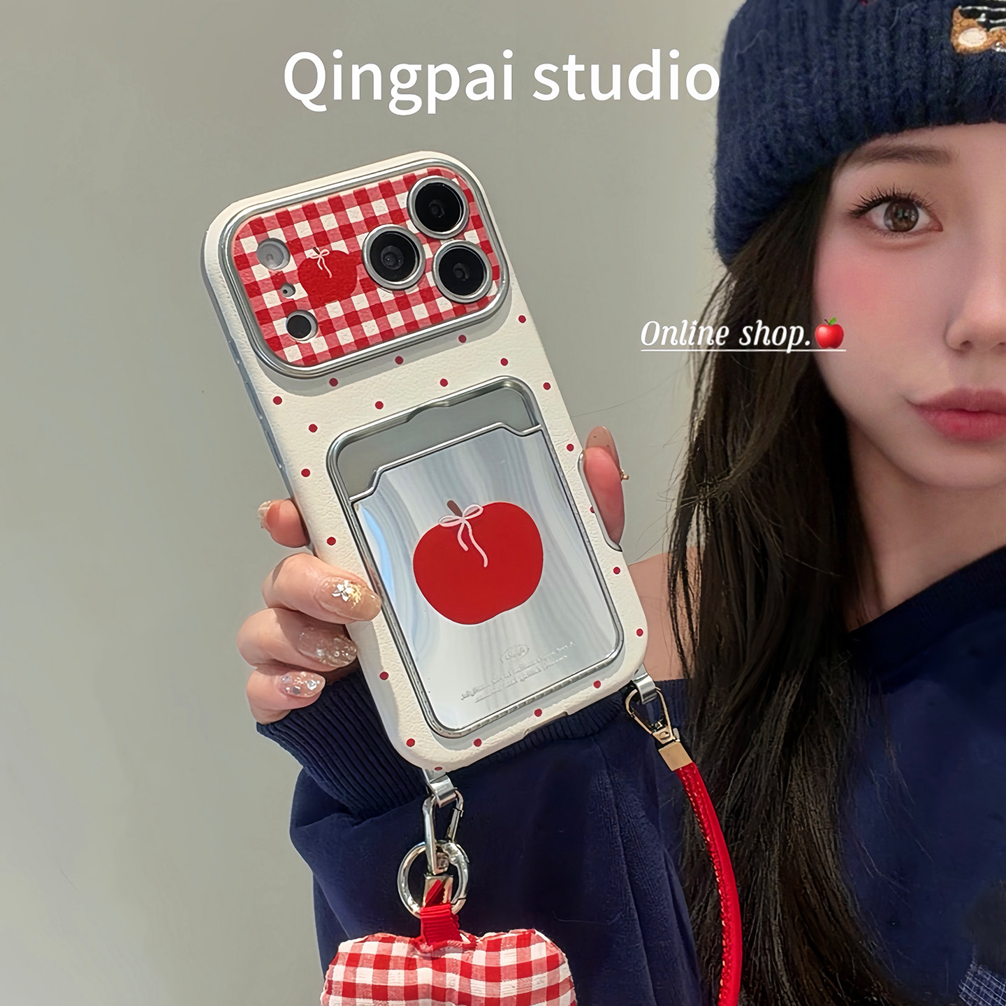 轻派ins韩系镜面红苹果卡包带挂绳适用苹果17promax手机壳iphone16pro新款15女款14大视窗皮质少女心全包硬壳