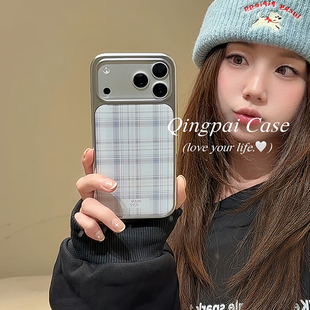 轻派ins风韩系简约蓝色格纹适用苹果17promax手机壳iphone16pro新款 14电镀边框13小清新设计感全包硬壳 15女款