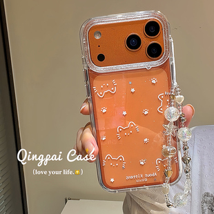 轻派透明白色线条猫咪带链条适用苹果17promax手机壳iphone16pro新款15女款14韩系ins风简约13双层壳全包硬壳
