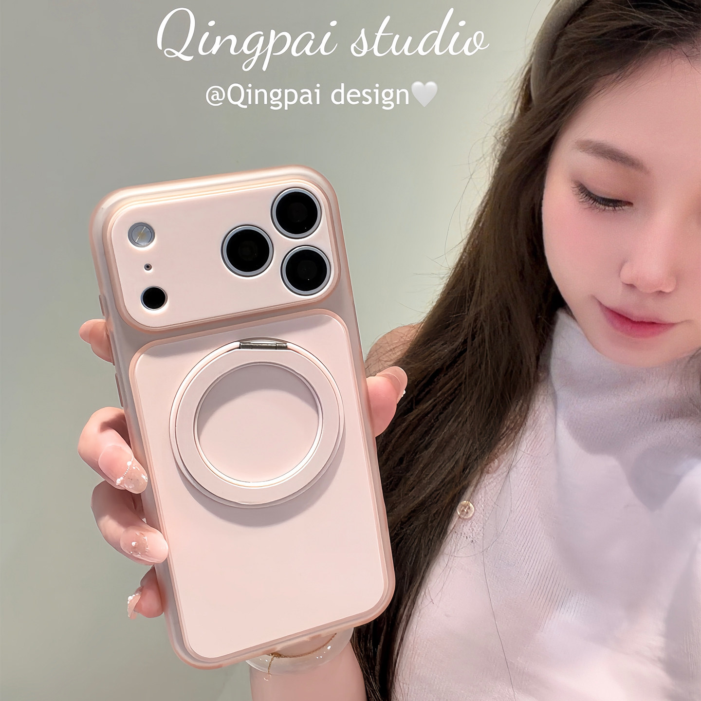 轻派ins甜美雾砂粉360旋转支点壳适用苹果18promax手机壳iphone17pro新款透色果冻16女款15pro巨好看14硬壳13