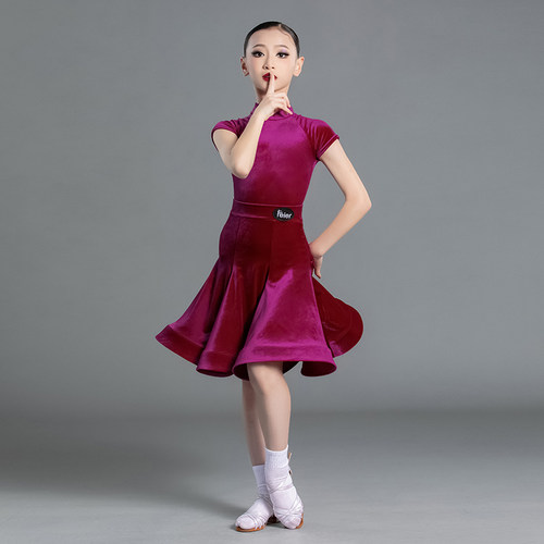 拉丁舞服女童比赛服儿童短袖规定标准赛服新款女丝绒高级高领少儿
