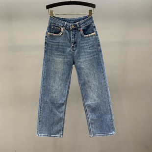 子 高腰弹力显瘦九分烟管裤 水洗复古蓝色直筒牛仔裤 女2026春夏新款