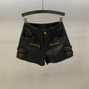 百搭显瘦a字阔腿靴裤 黑色PU皮裤 女2025年秋冬新款 短裤 设计感工装