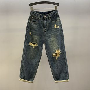 高腰宽松休闲显瘦哈伦老爹裤 新款 女2026年春季 复古蓝色破洞牛仔裤