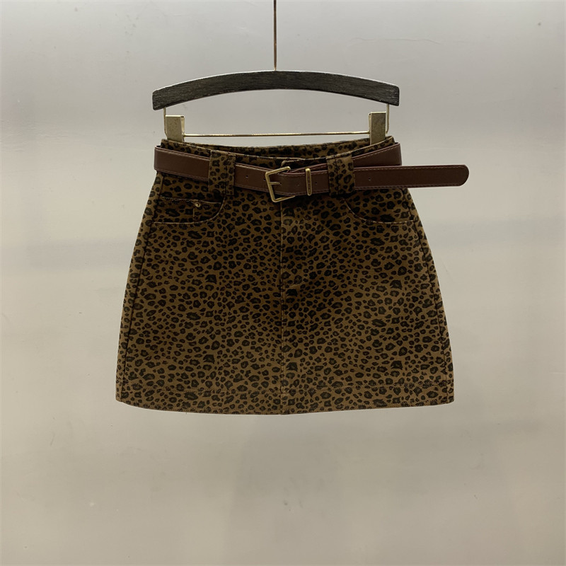 美式豹纹牛仔短裙女高腰A字短裙