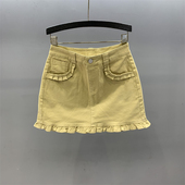 纯色高腰牛仔短裙女2026夏季 木耳花边防走光a字包臀半身裙子 新款