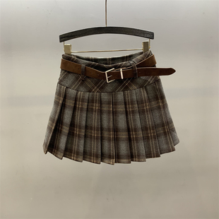 复古格纹毛呢半身裙女2026年秋季 高腰显瘦防走光a字百褶短裙 新款