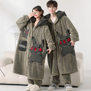 珊瑚绒情侣睡衣男女士秋冬季加厚睡袍法兰绒长款卡通家居服可外穿