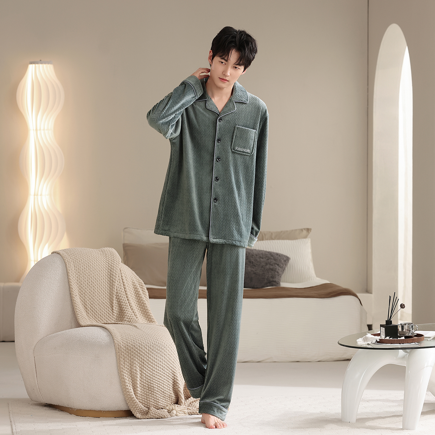 男士睡衣珊瑚绒秋冬季海岛绒
