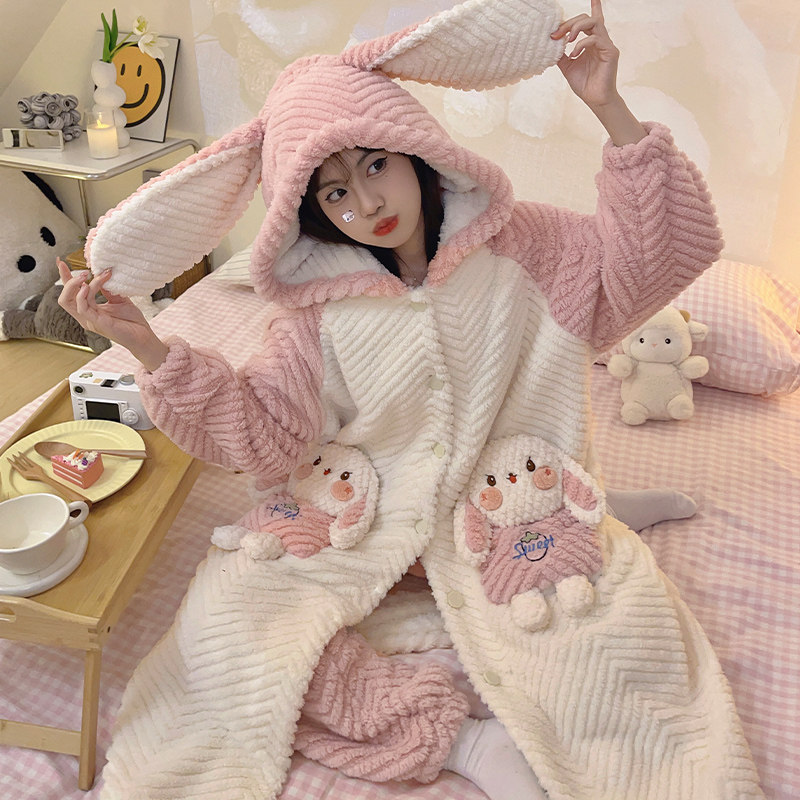 睡衣女秋冬季珊瑚绒加绒加厚浴袍可爱冬天睡袍长款中学生女孩套装
