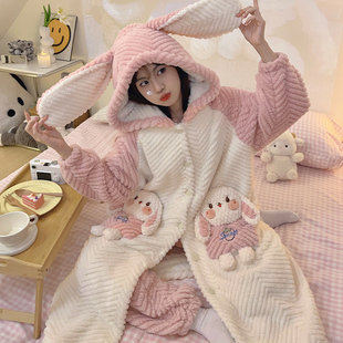 睡衣女秋冬季珊瑚绒加绒加厚浴袍可爱冬天睡袍长款中学生女孩套装